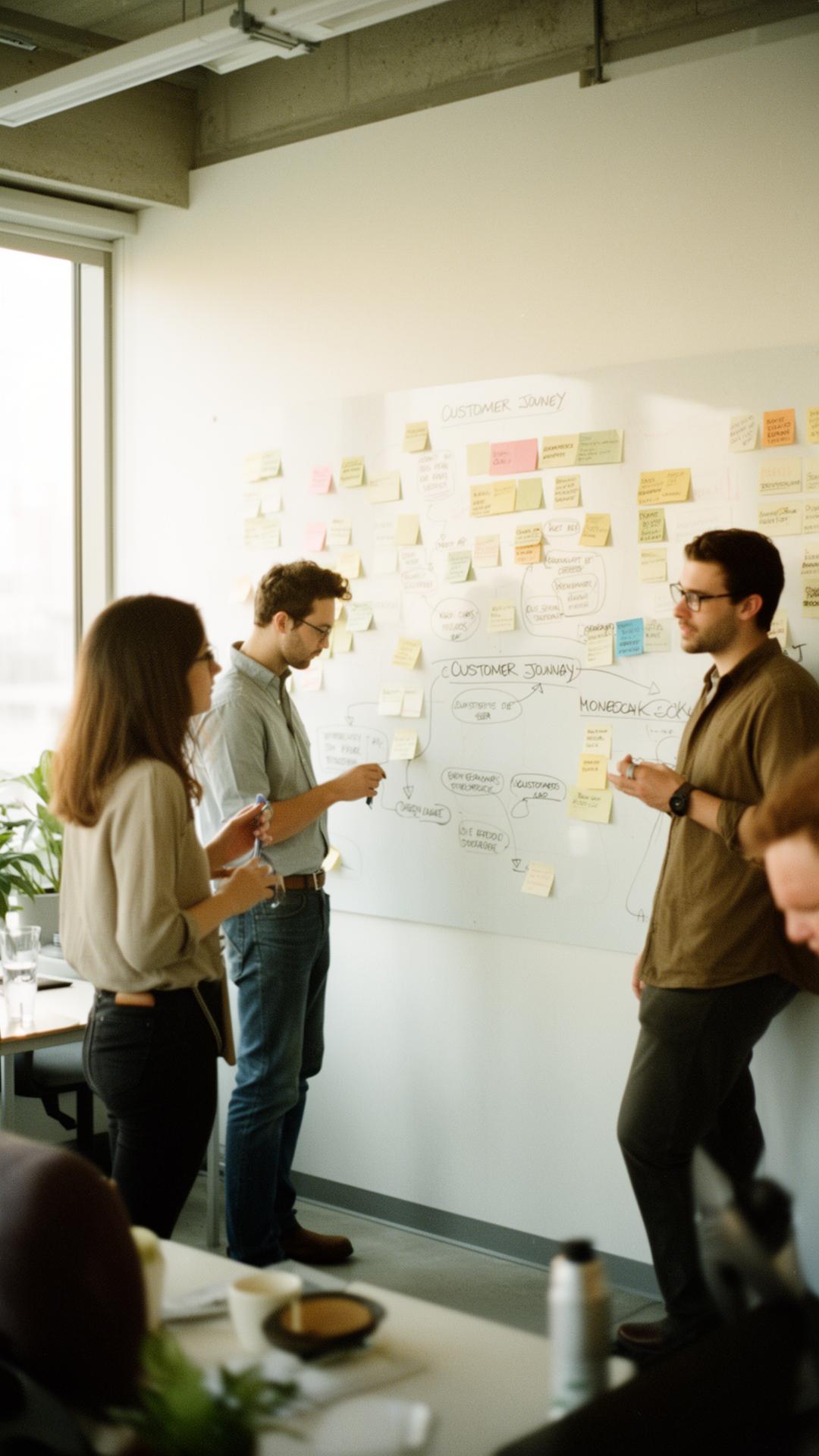 Cross-functional product team at a whiteboard with a customer journey map
